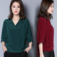 Summer Loose Large Size Simulated Silk Ladies Mid Sleeve Shirt Solid Color Bat Sleeve V-Neck Simple Blouse Casual All Match Pullover Shirts Blouses