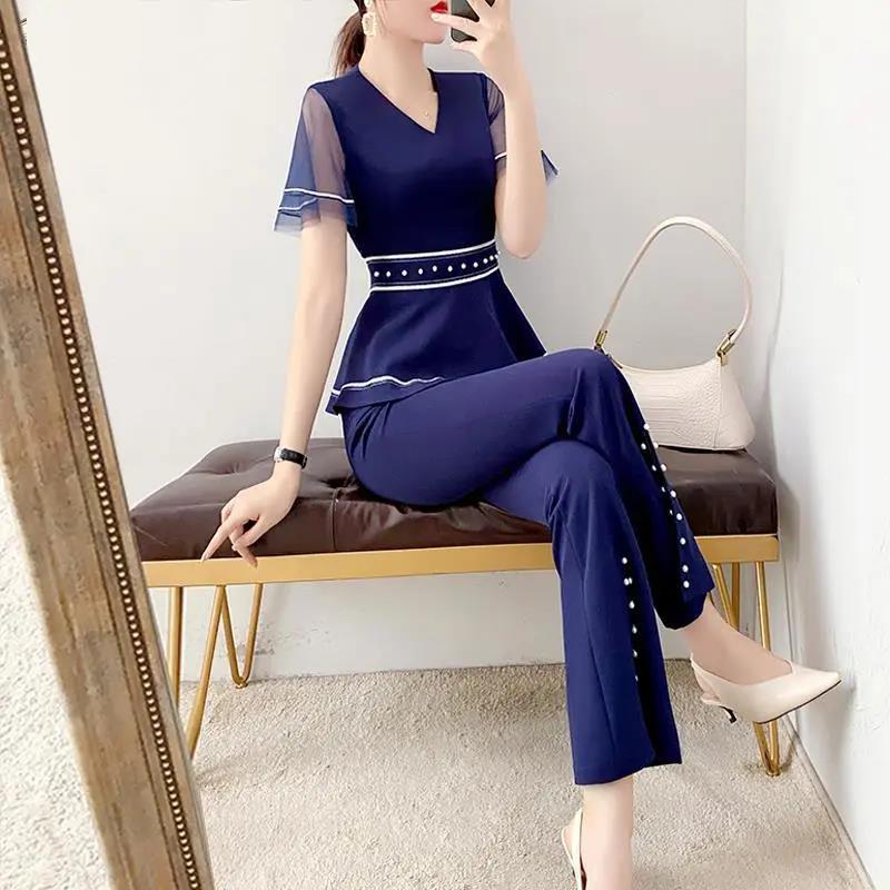 Professional Wear Temperament Goddess Fan Pants Two-piece Blue Waist Shirt + Loose Flared Pants Ladies Simple Suit