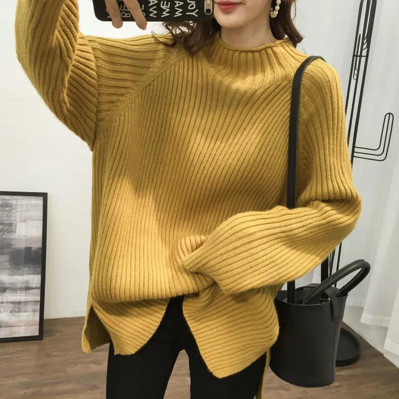 Korean Style Fashion Loose Half Turtleneck Sweater Women's Solid Color Large Size Mid Length Knit Sweater