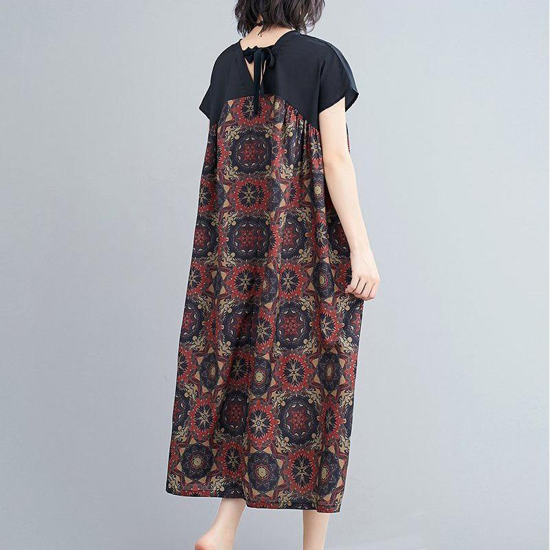 WTEMPO Ethnic Style Plus Size Ladies stitching Dress Summer V-Neck Long Dress Casual Mid-calf Length