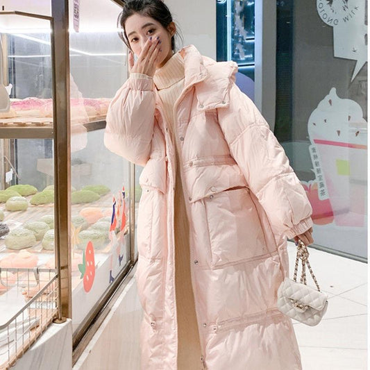 Mid-length Down Jacket Female White Duck Down Dongdaemun Korean Style Hooded Loose