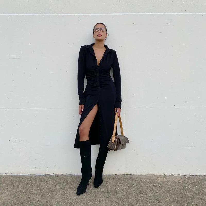 Women's Party Dress Button Knit Dress Autumn and Winter Slim Long-sleeved Long Skirt and Ankle V-neck Tight-fitting Sexy Dress Ladies Split Hem