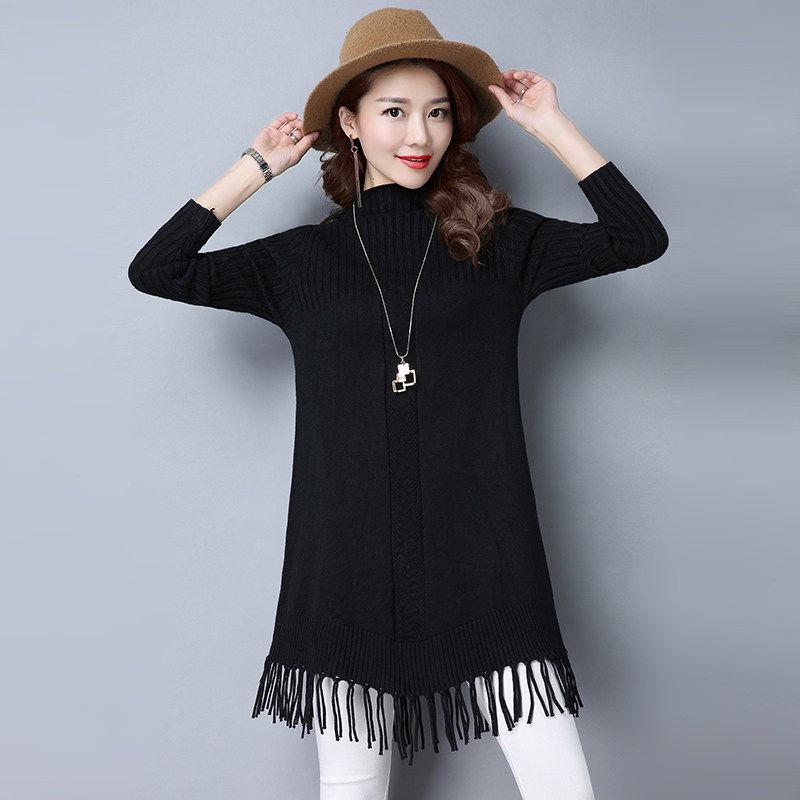 Pofulove Women Long Sweater Dress Long Section Turtleneck Tassel Pullover Base Knitted Blouse