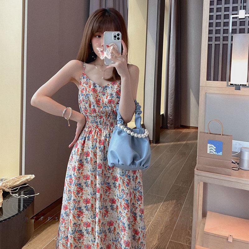 Sweet Tea Girl Chiffon Floral Sling Dress Summer Vacation Style Long Gentle Style Dress