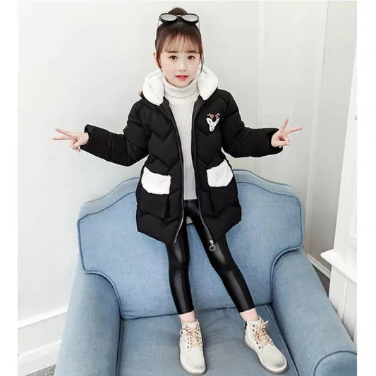 Girls Thick Warm Cotton Clothes Winter Hooded Mid-length Coat