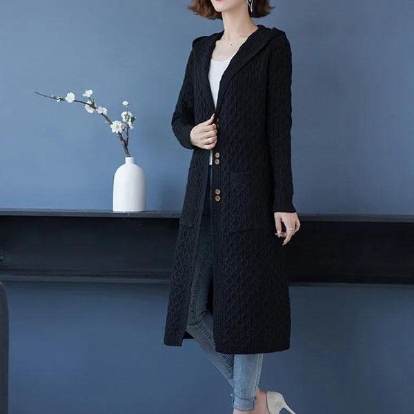Women's Long Casual Knitted Cardigan Coats Spring and Autumn Large Size Solid Color Loose Hooded Knitted Coats