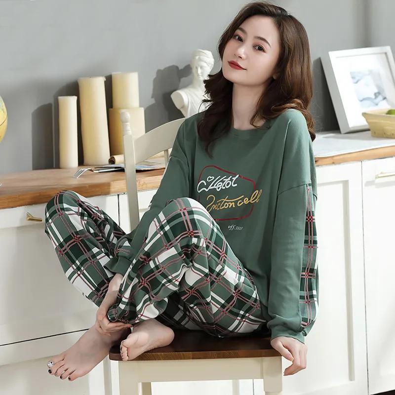 Women's Pajamas Cotton Long Sleeve Pyjamas Suit Spring Autumn Sleepwear Set Casual Simple Loose Home Wear Cute Nightwear Tops Pants Pullover O Neck