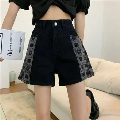 Women's Black Denim Shorts Summer Straight High-waisted Wide-leg Pants Plus Size Fat Girls Thin A-line Shorts
