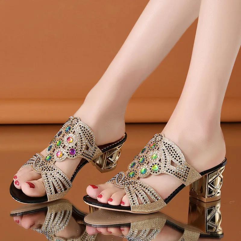 Summer Rhinestone High-heeled Slippers Ladies Sexy Outer Wear Thick-heeled Shoes