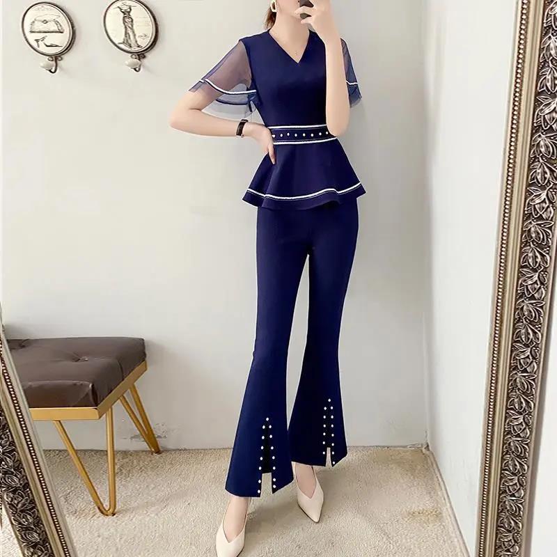 Professional Wear Temperament Goddess Fan Pants Two-piece Blue Waist Shirt + Loose Flared Pants Ladies Simple Suit