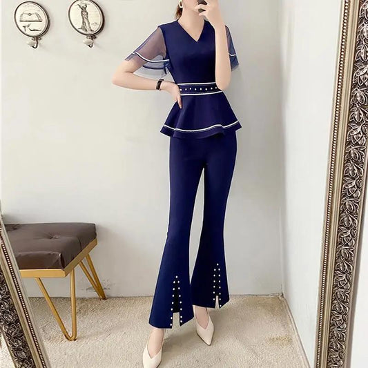 Professional Wear Temperament Goddess Fan Pants Two-piece Blue Waist Shirt + Loose Flared Pants Ladies Simple Suit