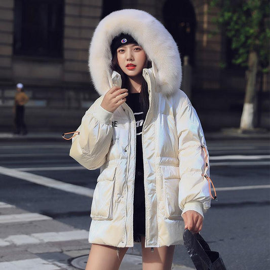 Glossy Disposable Mid-length Down Jacket Women Winter Thickened Large Fur Collar Jacket