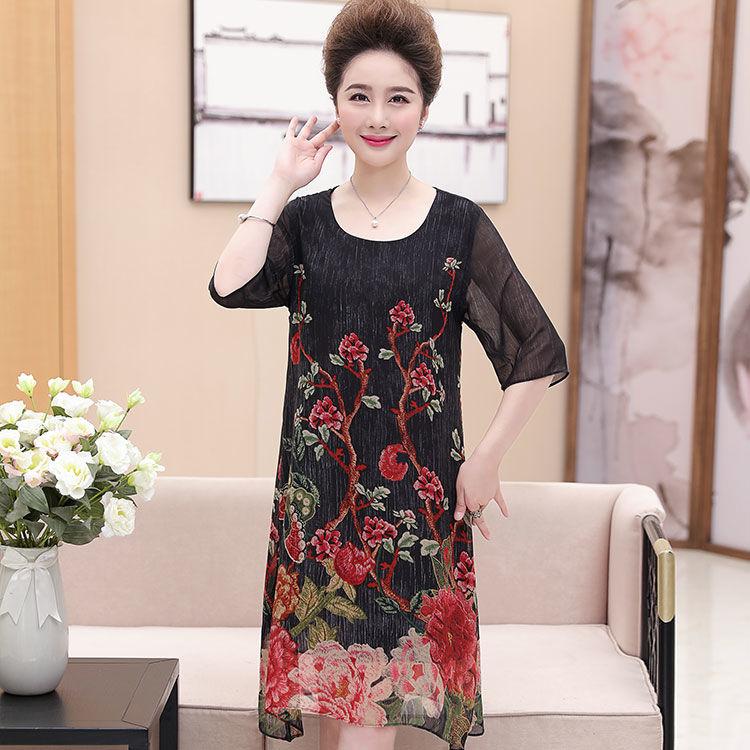 Middle-aged mother L-XXXXL Women's summer dressChiffon Veil Short sleeve Round neck printing Daily wear
