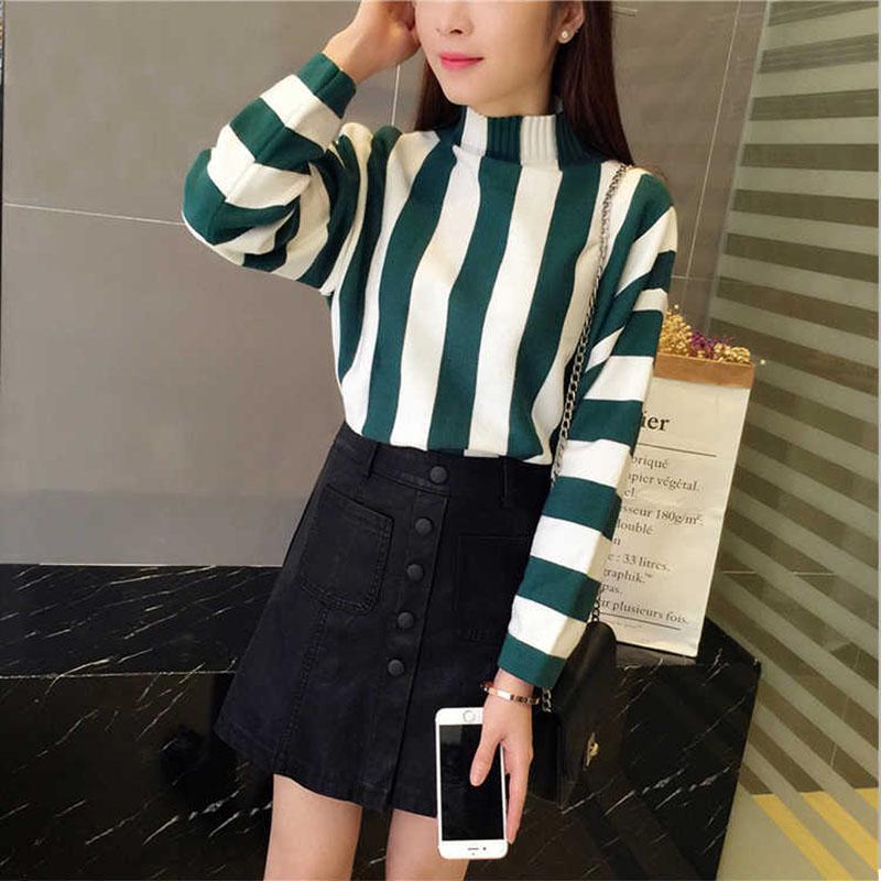Rainbow Stripe Sweater Contrast Knitted Pullover Long Sleeve Turtleneck Knitwear Slim Women Jumper
