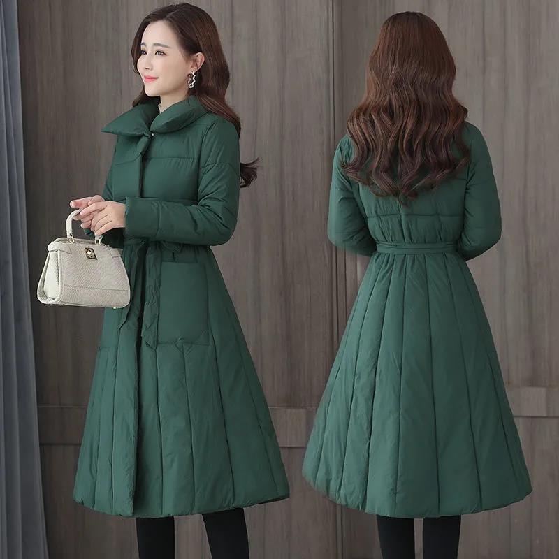 Long Down Jacket Fashion Casual Waist Belted Cotton Jacket Lengthened Thick Loose Over-the-knee Windbreaker Jacket