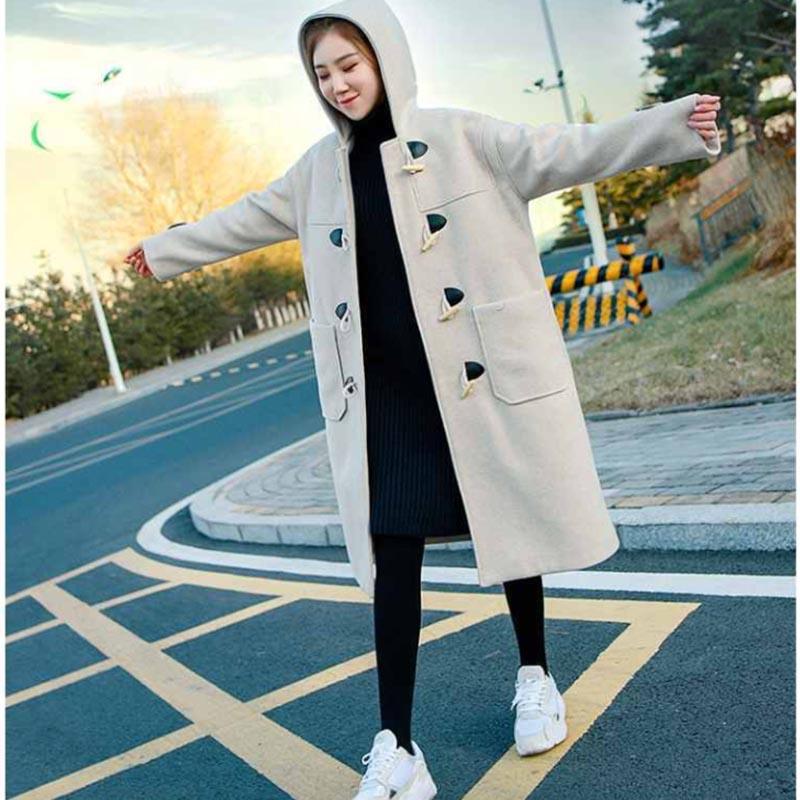 Horn Button Woolen Coat Women's Mid-length Autumn and Winter Quilted Thickened Hooded Woolen Coat