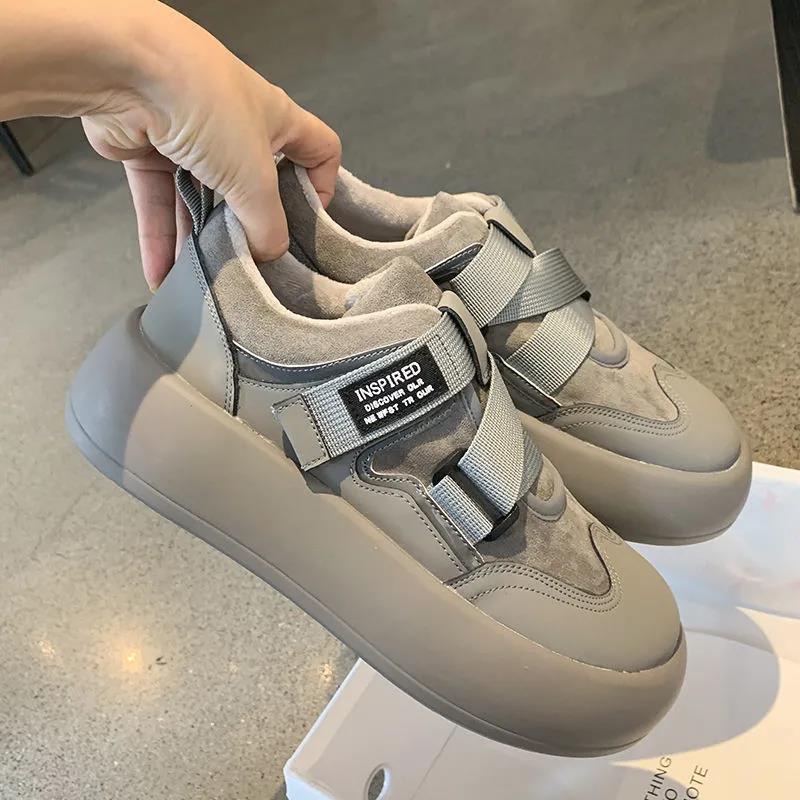 Velcro All-match Plus Velvet Warm Shoes Women Comfortable Thick Bottom Leather Stitching