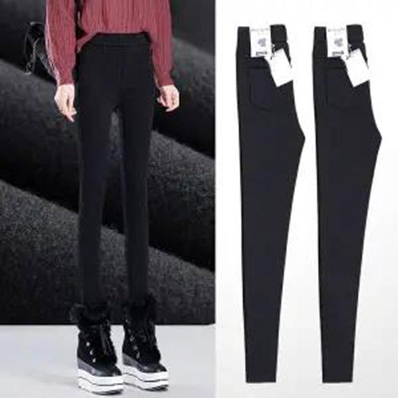 Winter Trousers Plus Velvet Leggings for Women's Outer Wear Elastic Waistline Autumn and Winter High Waist Thin Black Pants Pencil Feet Warm Pants