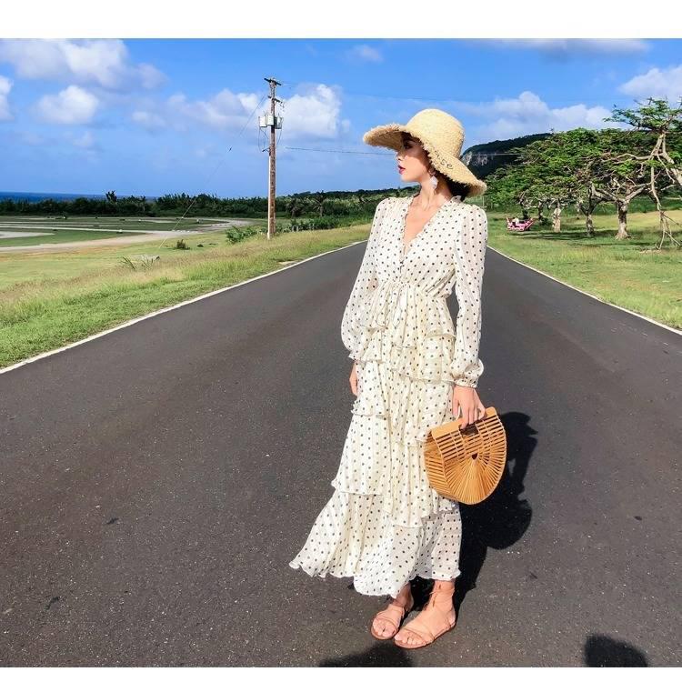 Vintage Casual Flare Sleeve Loose Party Dress Women Boho Polka Dot Print Long Maxi Dress Streetwear