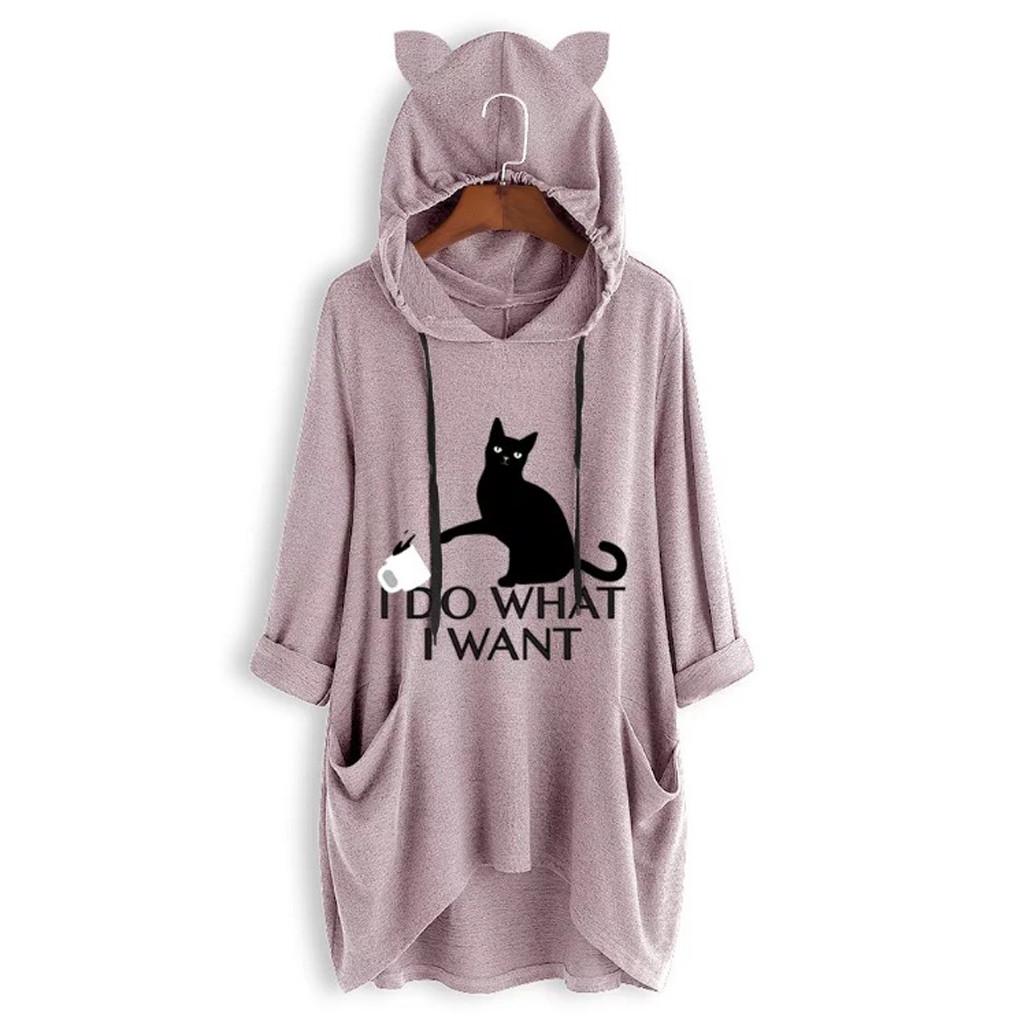 Women Casual Print Cat Ear Hooded Long Sleeves Pocket Irregular Top Blouse Shirt