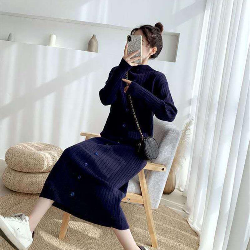 Long Sweater Over The Knee Retro Single-breasted Base Knitted Autumn and Winter Women's Dress