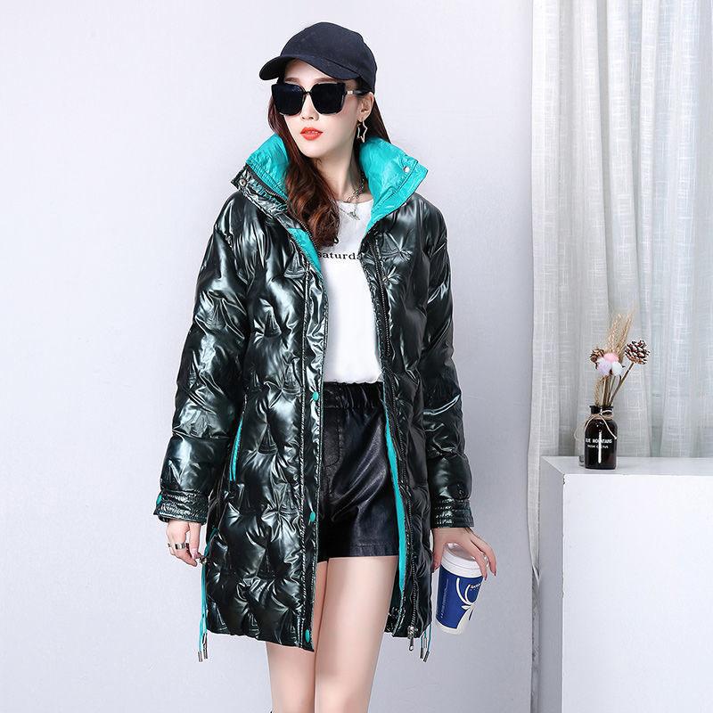 Shiny Winter Jacket Women Mid-length Stand-up Collar Thick Warm Loose  Padded Jacket Windproof Drawstring Ladies Coats
