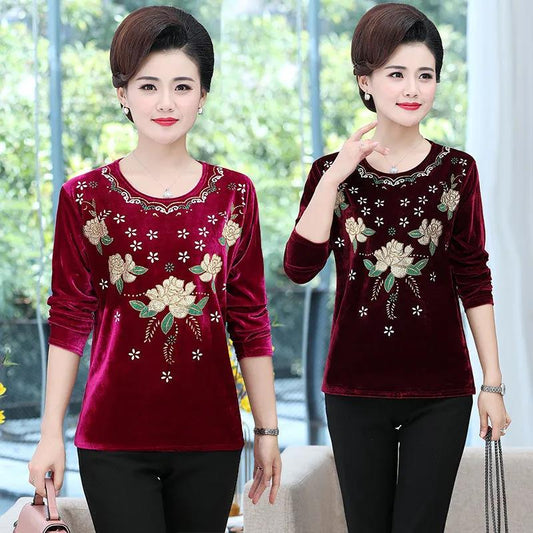 Mother's Clothing Spring and Autumn Long-sleeved Bottoming Shirt Women's Gold Velvet T-shirt Printing Loose Top