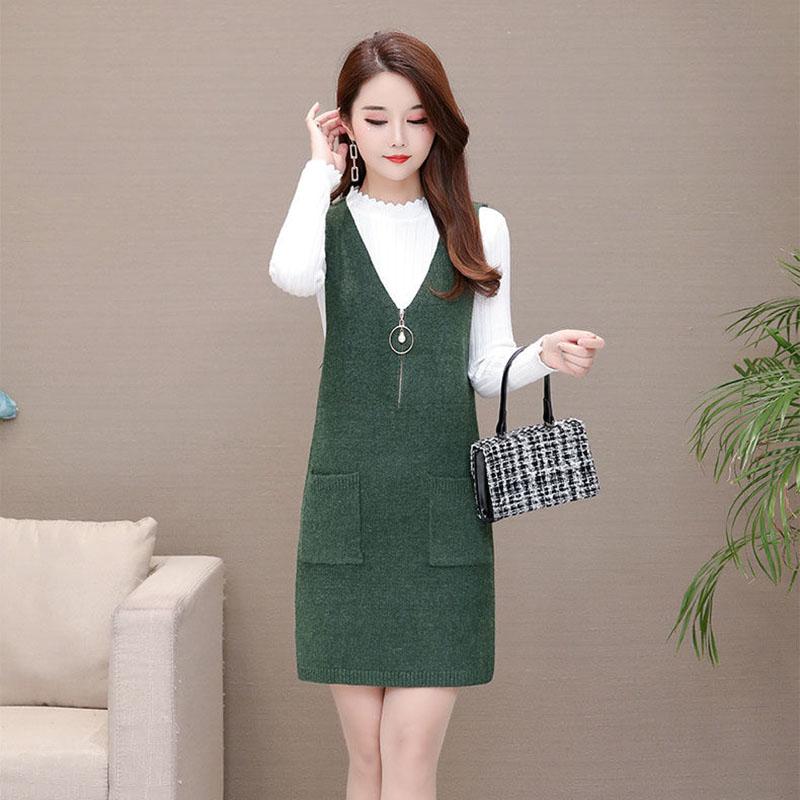 Spring and Autumn All-match Loose Vest Skirt Mid-length Knitted Vest Dress Fashion Solid Color Female Vest Skirt