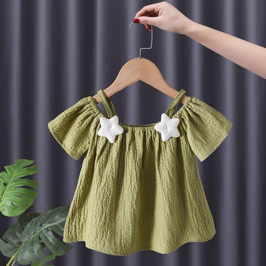 Summer Kids Cute Printing T Shirts Girls Off Shoulder Sling Loose Short Sleeve Star T-Shirt Baby Shirt Solid Color Top