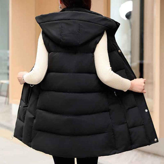 Women's Winterized Vest Detachable Hood Warm Oversized Mid-Length Mommy Jacket