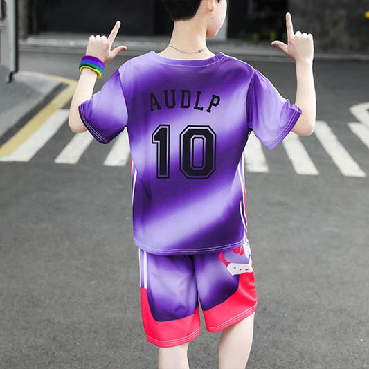 Boys Summer Basketball Uniform Suit Children's Sports Printing Pullover Short-sleeved Shorts Soft Sweat-absorbent Football Uniform Children's Suit