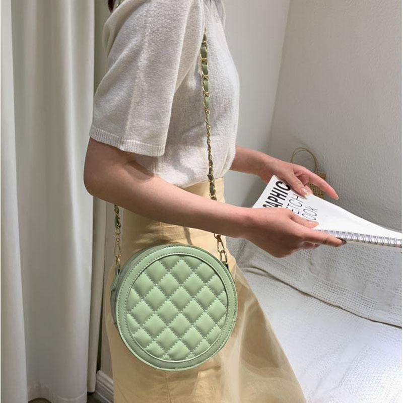 Diamond Lattice Round Bag Metal Chain Pu Leather Messenger Bag Women Outing Trip Large Capacity Crossbody Bags