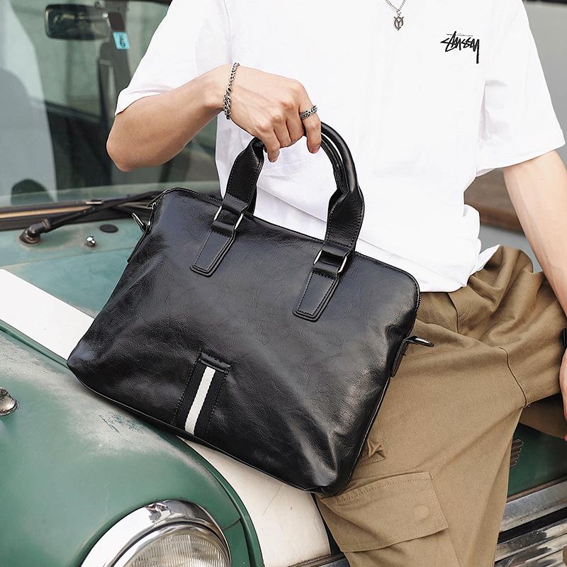 Business Briefcase Men Black Striped PU Leather Handbag Shoulder Diagonal Computer Bag