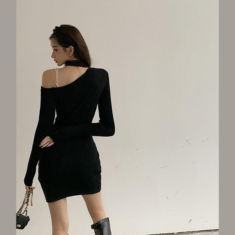 WTEMPOWomen Sexy Hollow Out Strapless Temptation Slim Long Sleeve Split Snap Tight Nightclub Bar Dress