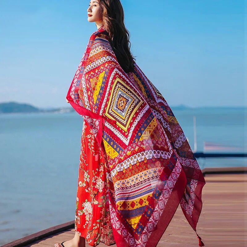 Cotton and Linen Scarf Female Ethnic Style Bohemia Oversized Sunscreen Holiday Beach Silk Scarf Fringed Seaside Shawl Female Summer