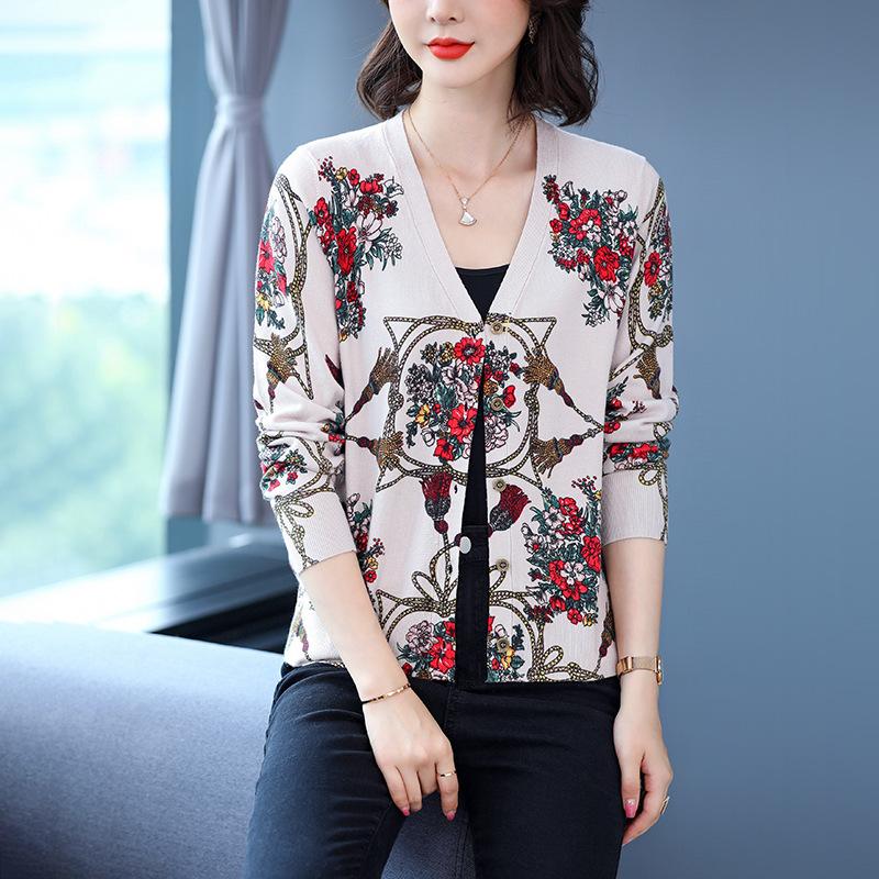 Autumn Winter New Ladies Cardigan Printed Lazy Knit Sweater Fashion V-neck Jacket Cardigan Sweater