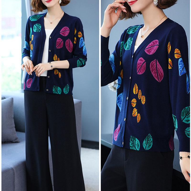 3D Leaf Printed Cardigan Women High-end Plus Size Cardigan  Short Knitted Jacket Wool Cardigan  Outer Wear