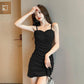 Women's Summer Tight Pleats Show Thin and Sexy Dress with Short Buttocks and Solid Color Suspender