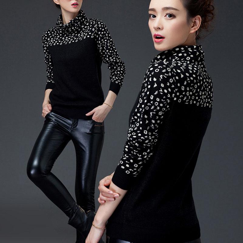 Autumn Winter Fashion Leopard Sweater Women Loose Turtleneck  Pullover Sweater Thick Warmth Slim Bottoming knitwear