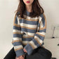 Pofulove Slim Thick Joker Bottoming Sweater Warm sweater Winter New Loose Contrast Striped Sweater