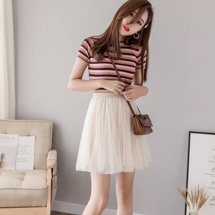 Pofulove Women Anti-light Mesh Skirt Elasticated Waist Thin Ballet Bag Hip Skirts Mini A-line Skirt