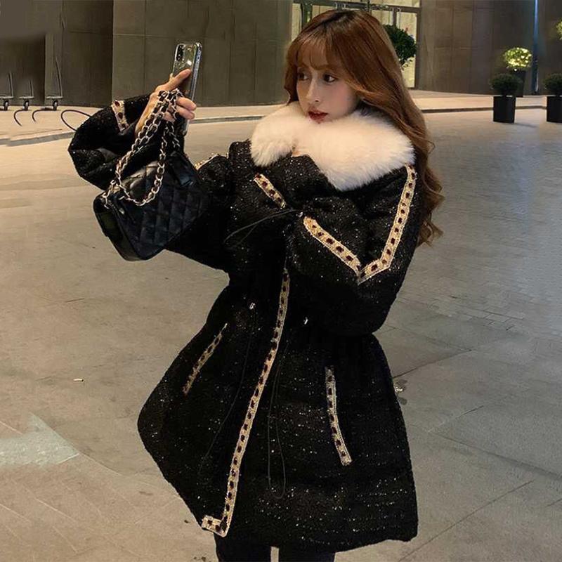 Women's Glossy Loose Down Jacket Mid-length Korean Thick Coat Warm Cotton Coat with Big Fur Collar Winter Quilted Jacket