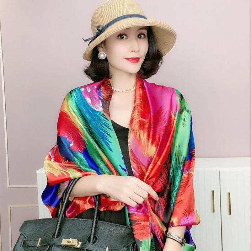 All-match Scarf Feather Multicolored Printing Silky Soft and Graceful Long Scarf Shawl Female Beach Cover Towel Big Scarf