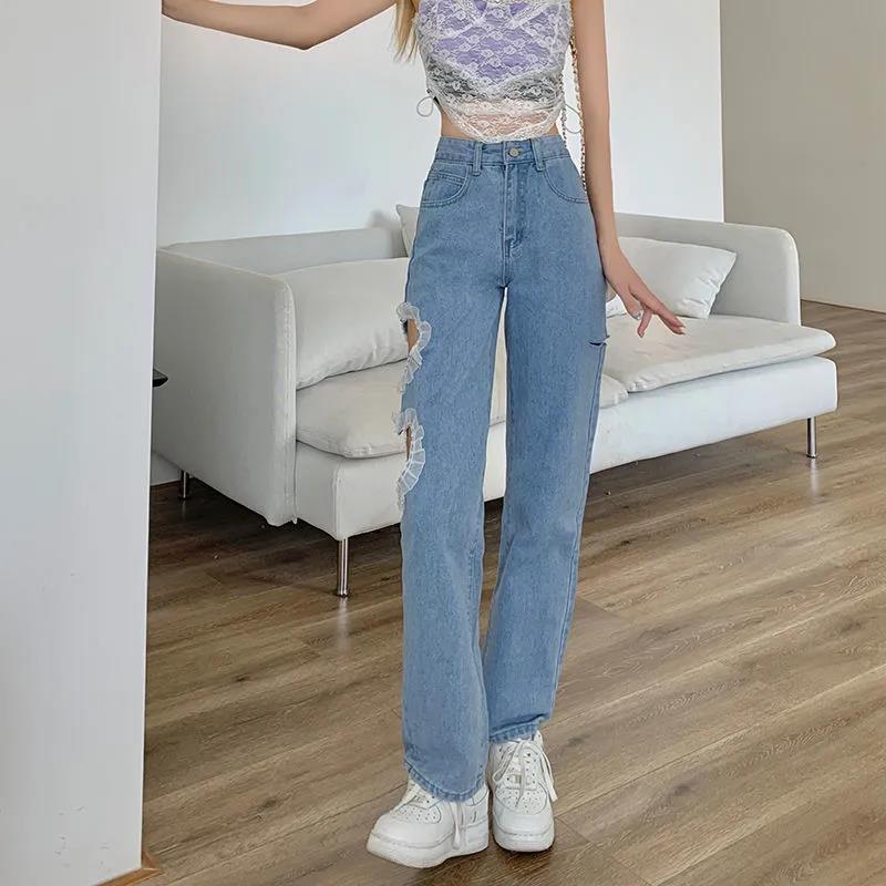 Love Heart Hole Stitching Jeans Loose Wide Leg Pants High Waist Korean Version of Straight Light Pants