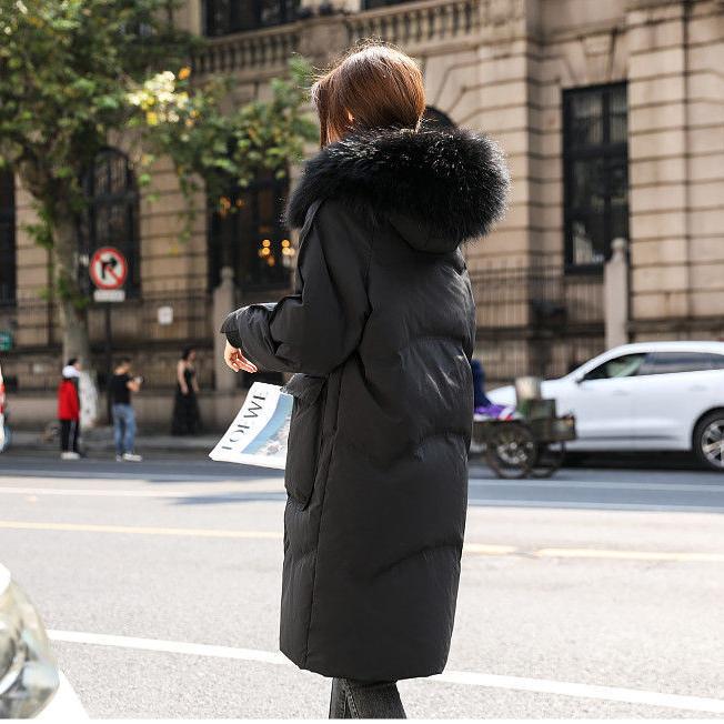 Women's Mid-length Down Jacket Wild Loose Thick Fluffy Big Fur Collar Hooded White Duck Down Jacket Warm Winter Thick Coat