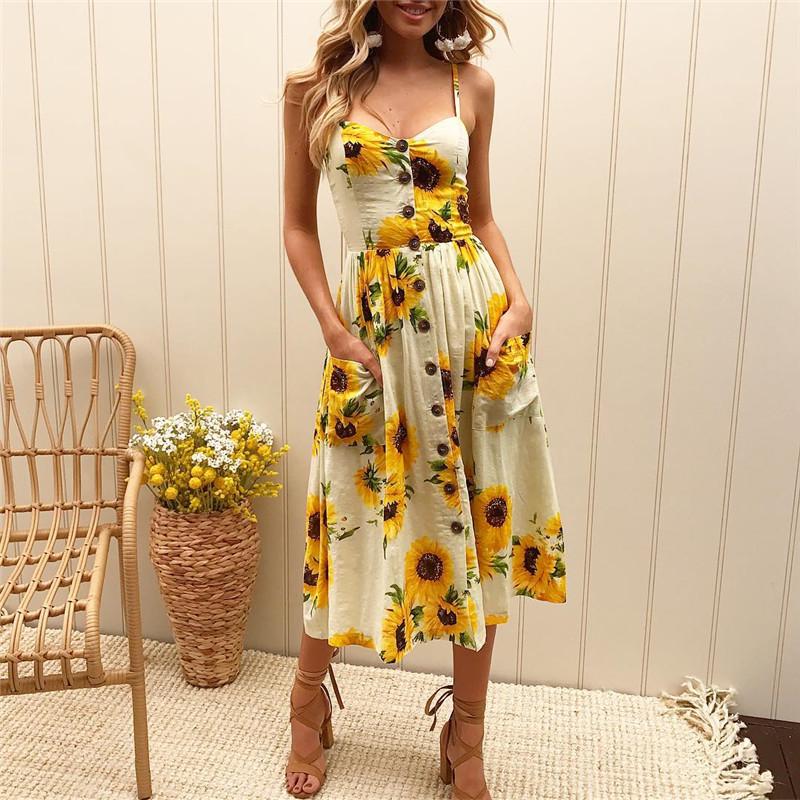 Pofulove Vintage Casual Sundress Female Beach Dress Midi Button Backless Polka Dot Striped Women Dress Summer  Boho Sexy Floral Dress
