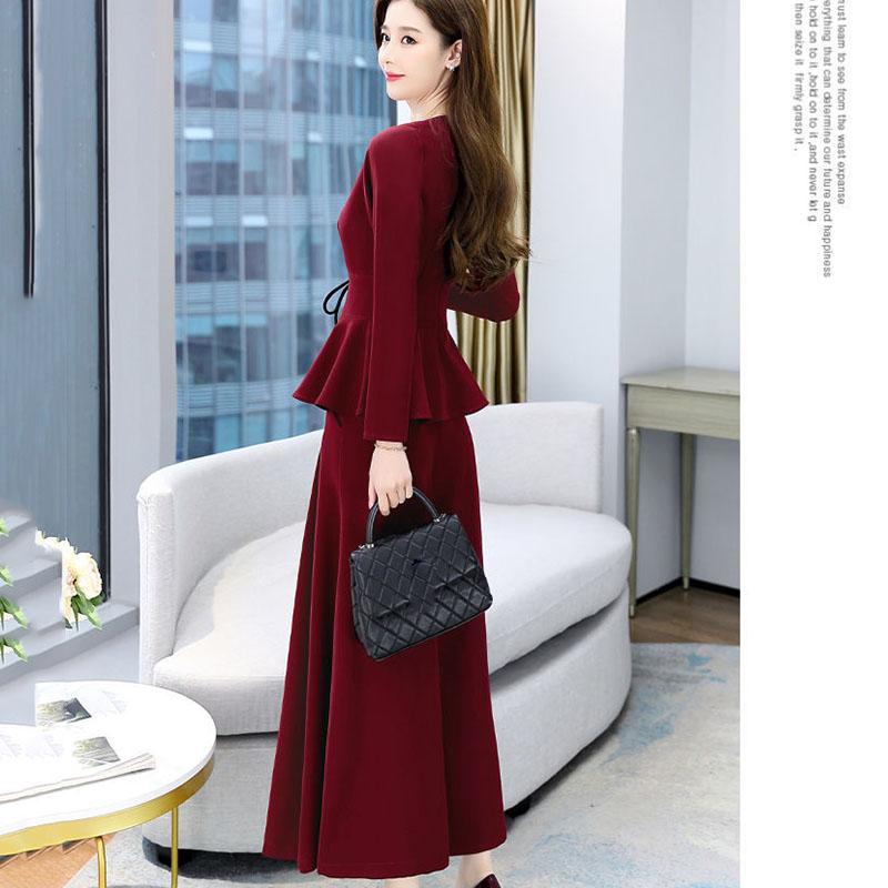 Suit Women's Spring and Autumn Dress Ladies Temperament Two-piece Set of Nine-point Wide-leg Pants + Round Neck Long-sleeved Top