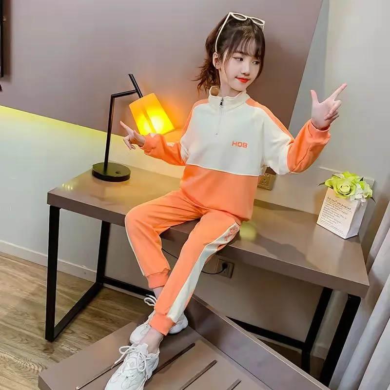 Girls Spring and Autumn Clothing, Children's Breathable Sportswear, Girls' Casual Splicing Contrast Color Printing Pullover Two-piece Set