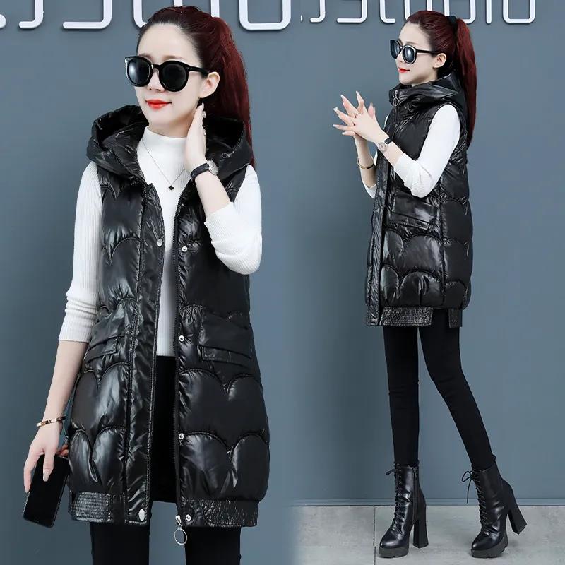 Winter Ladies Hooded Down Vest Jacket Fashion Glossy Down Cotton Sleeveless Jacket Thicken Warm Winter Vest