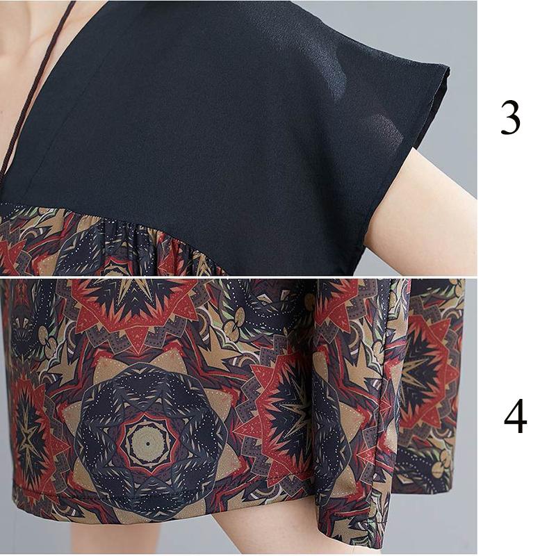 WTEMPO Ethnic Style Plus Size Ladies stitching Dress Summer V-Neck Long Dress Casual Mid-calf Length